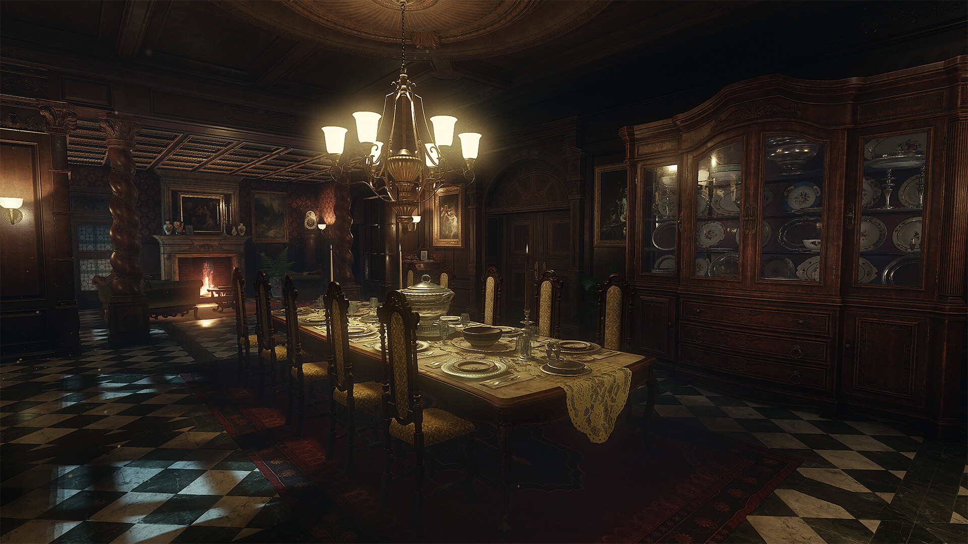 concept art of a dark victorian kitchen, at night, g