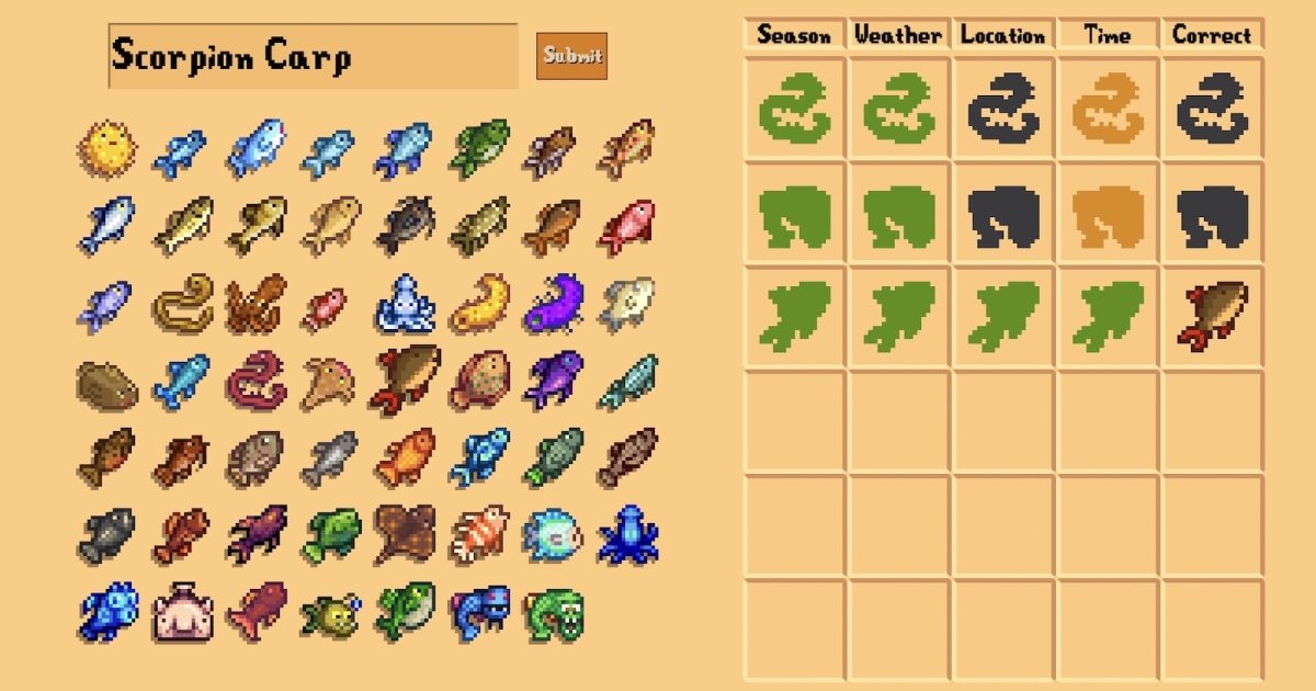 A Wordle-Like Game For Guessing Fish From Stardew Valley