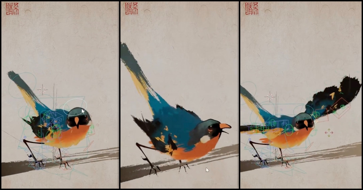 Fully-Rigged 3D Bird Model That Looks Like a Traditional Ink Painting