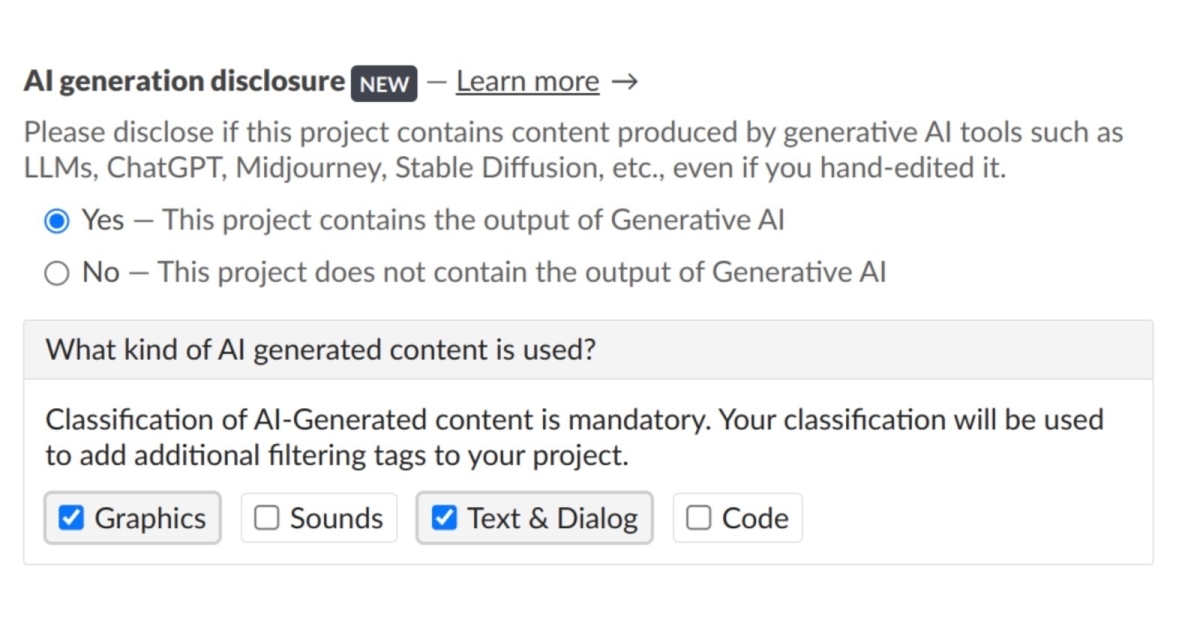 Asset Creators on Itch.io Must Now Disclose the Use of Generative AI