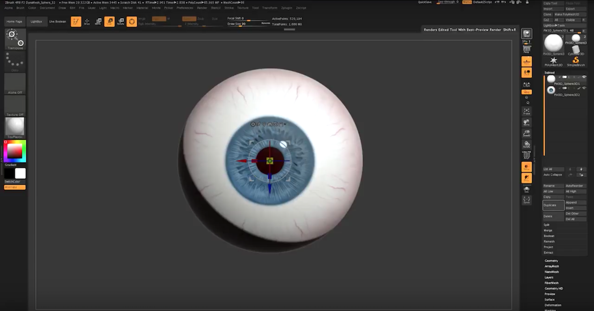 adding eyes in zbrush as a subtool